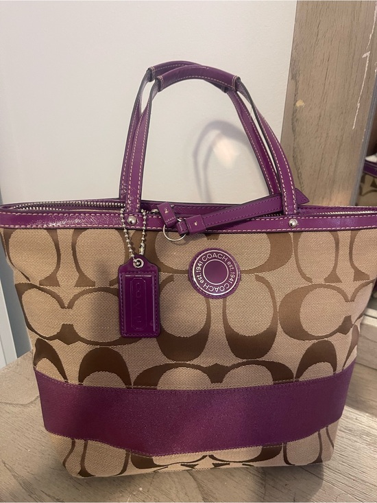 Coach Handbags - Coach Canvas Tote with Purple Trim and Tan Signature Print
